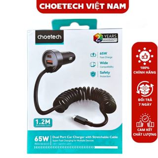 Tẩu sạc nhanh ô tô 65W Choetech TC0030 tích hợp thêm dây cáp sạc lò xo type c - hàng chính hãng