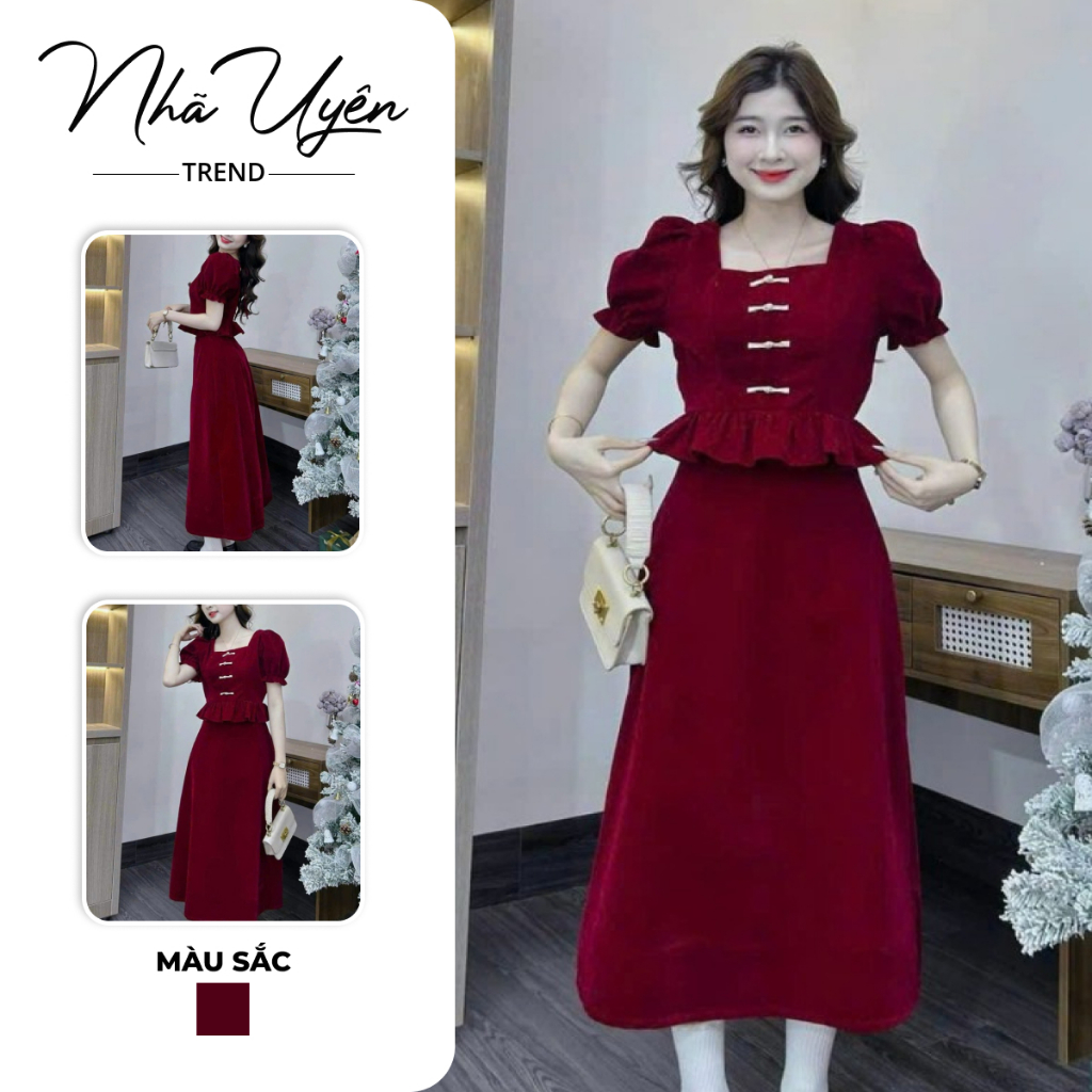 Set váy nhung - Set váy thời trang nữ .Set váy NHUNG áo cổ vuông tay bồng đính nút, chân váy dàng dà