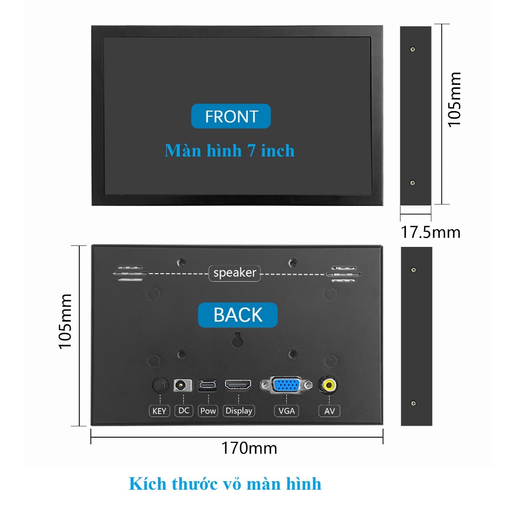 Màn hình 7 inch kết nối HDMI/VGA có loa ngoài, Vỏ kim loại | BigBuy360 - bigbuy360.vn