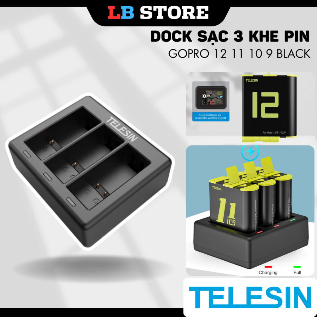 Dock sạc pin Telesin Gopro 12 11 10 9 Black 3 khe pin có đèn báo trạng thái