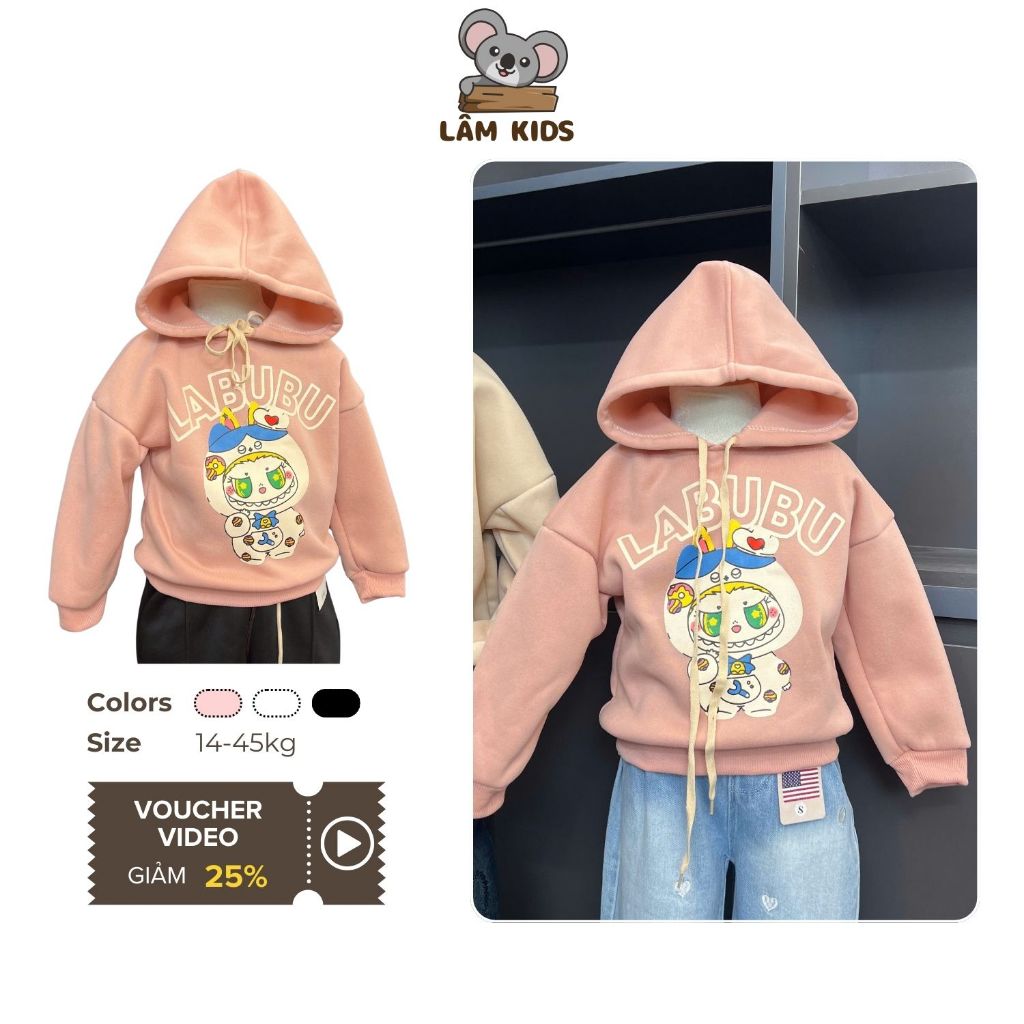 Áo Hoodie Labubu Nỉ Bông Cho Bé 14-45Kg Siêu Nhẹ Siêu Ấm Lâm Kids AO4