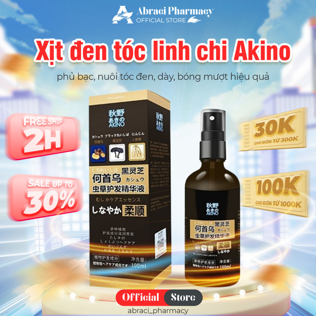 Tinh Chất Linh Chi Xịt Đen Tóc Akino Nhật Bản - Xịt Đen Tóc Akino Giúp Phủ Bạc, Nuôi Tóc Đen, Dày, B