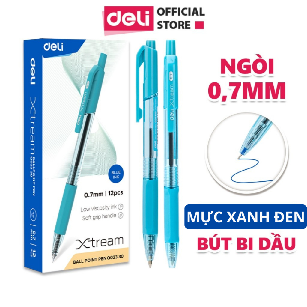 Bút Bi Bấm Deli Mực Xanh Đen Ngòi 0.7mm Viết Bi Giá Rẻ Viết Nét Đều Trơn Tru Dành Cho Học Sinh SInh Viên Văn Phòng