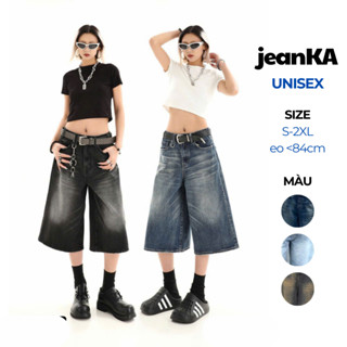 Quần Jean Ngố UNISEX wash bò lửng Cạp Trễ Ống Rộng Qua Gối JEANKA