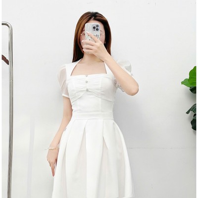 Đầm Nữ 𝐂𝐂𝐇𝐀𝐓 Dáng Xòe Kiểu Tay Phồng Phối Kira Chất Liệu Tafta Cao Cấp 14VNS8005XT