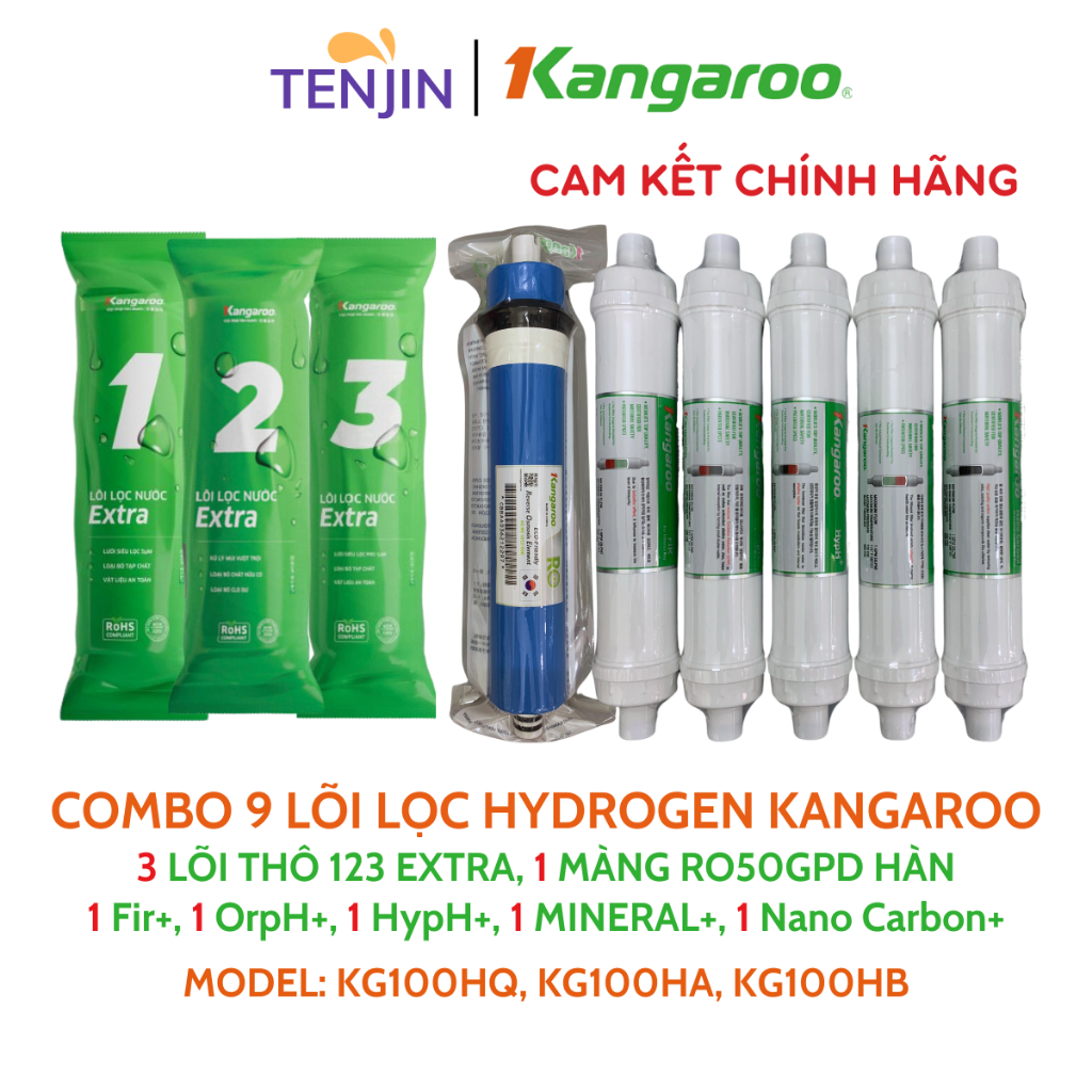 Combo 9 Lõi Lọc Nước KANGAROO Dòng Hydrogen Model KG100HQ, KG100HA, KG100HB Gồm 123 Màng RO Fir OrpH