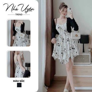 Set dầm 2 dây hoa kèm áo khoác trơn tay dài dáng ngắn mini xòe nhẹ dễ thương cá tính