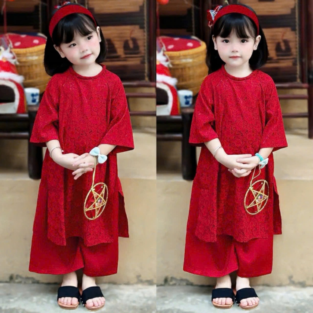  Áo dài gấm hoa cúc bé gái mặc tết mặc đi chơi tặng kèm quần từ 6kg đến 45kg 