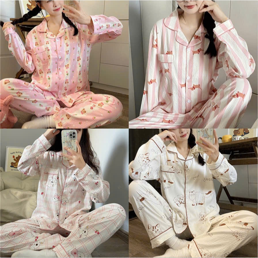 Bộ pijama dài tay quần dài chất cotton đũi loại đẹp nhiều màu đủ size