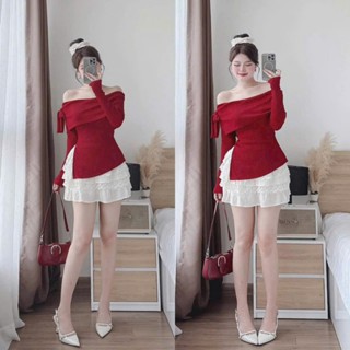  Set váy ngắn áo thun tăm trễ vai dài tay nơ vai xẻ tà eo chân váy lụa phối ren xoè tầng dễ thương xinh yêu 