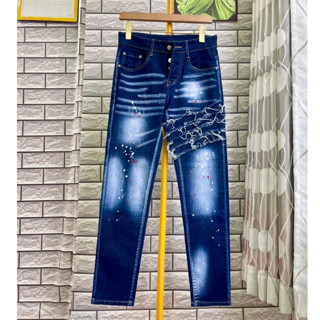 quần jean nam dài DSQ xanh vá thêu khuyết tật mẫu mới cá tính bụi bặm,chất jean dày mềm co giãn tốt