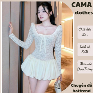 Váy nữ dài tay đính nơ dáng bí Cama Clothes, đầm nữ tiểu thư ôm body hai màu đen trắng HCOM3338