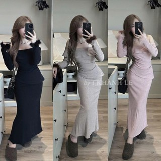 set đồ nữ áo trễ vai đính lông mix chân váy dáng maxi,Set áo trễ vai 3 màu HỒNG BE ĐEN trễ vai dài tay chân váy h1