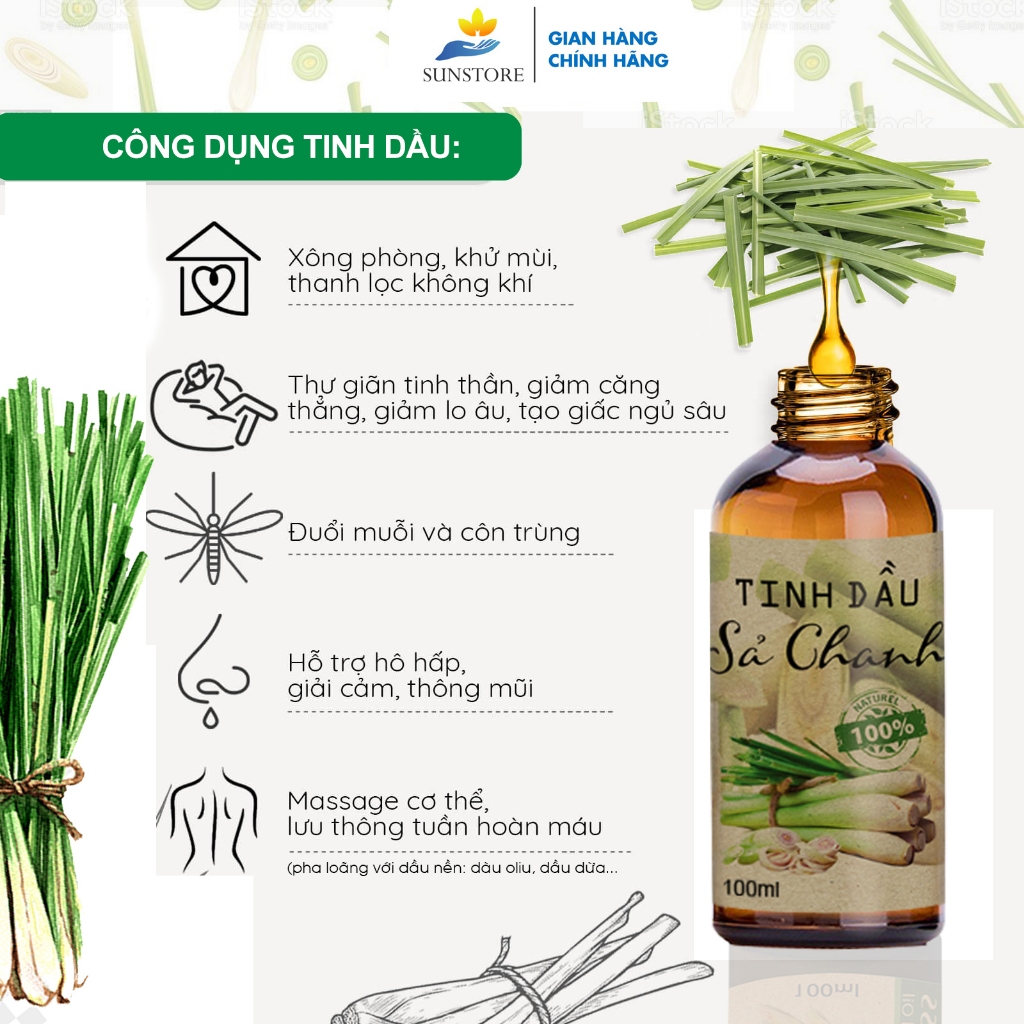 Tinh dầu sả chanh nguyên chất giúp thơm phòng, thư giản - sunstore.office