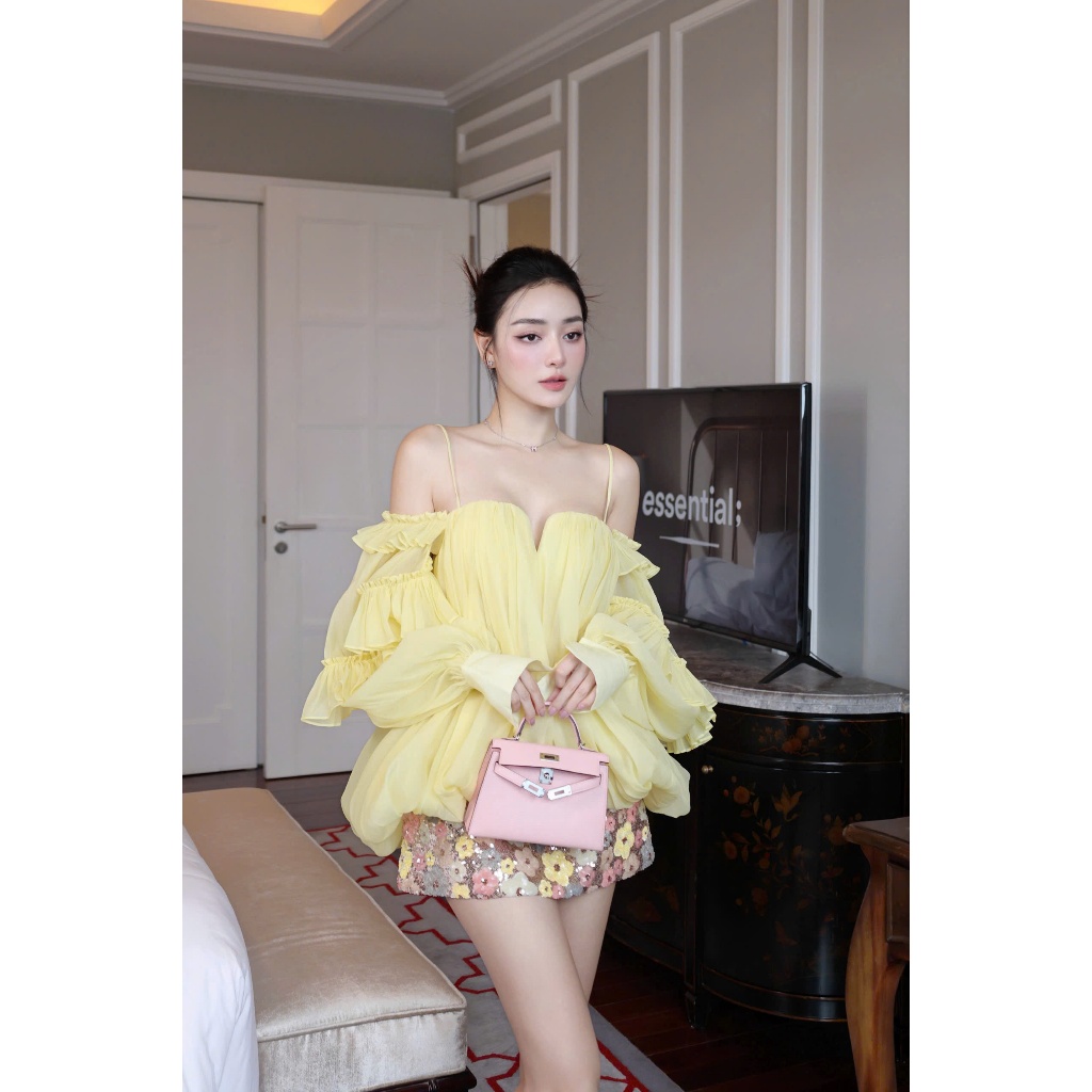 514 Set áo tơ nhăn 2 lớp dáng rộng mix chân váy chữ A kim sa Akira Store CHINCHIN STORE