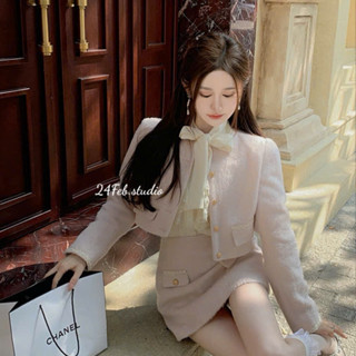 Set áo dạ nữ hồng nhạt cúc ngọc chạy viền kèm chân váy A phong cách tiểu thư Adorable20s SET63