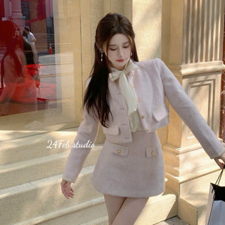 Set áo dạ nữ hồng nhạt cúc ngọc chạy viền kèm chân váy A phong cách tiểu thư 24Febstudio SET63