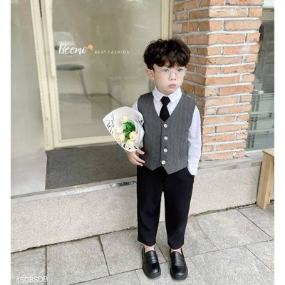 Set gile 4 chi tiết Beemo vải chéo xương cá mặc đi học, đi chơi, sự kiện cho bé từ 9-24kg 4508SDB