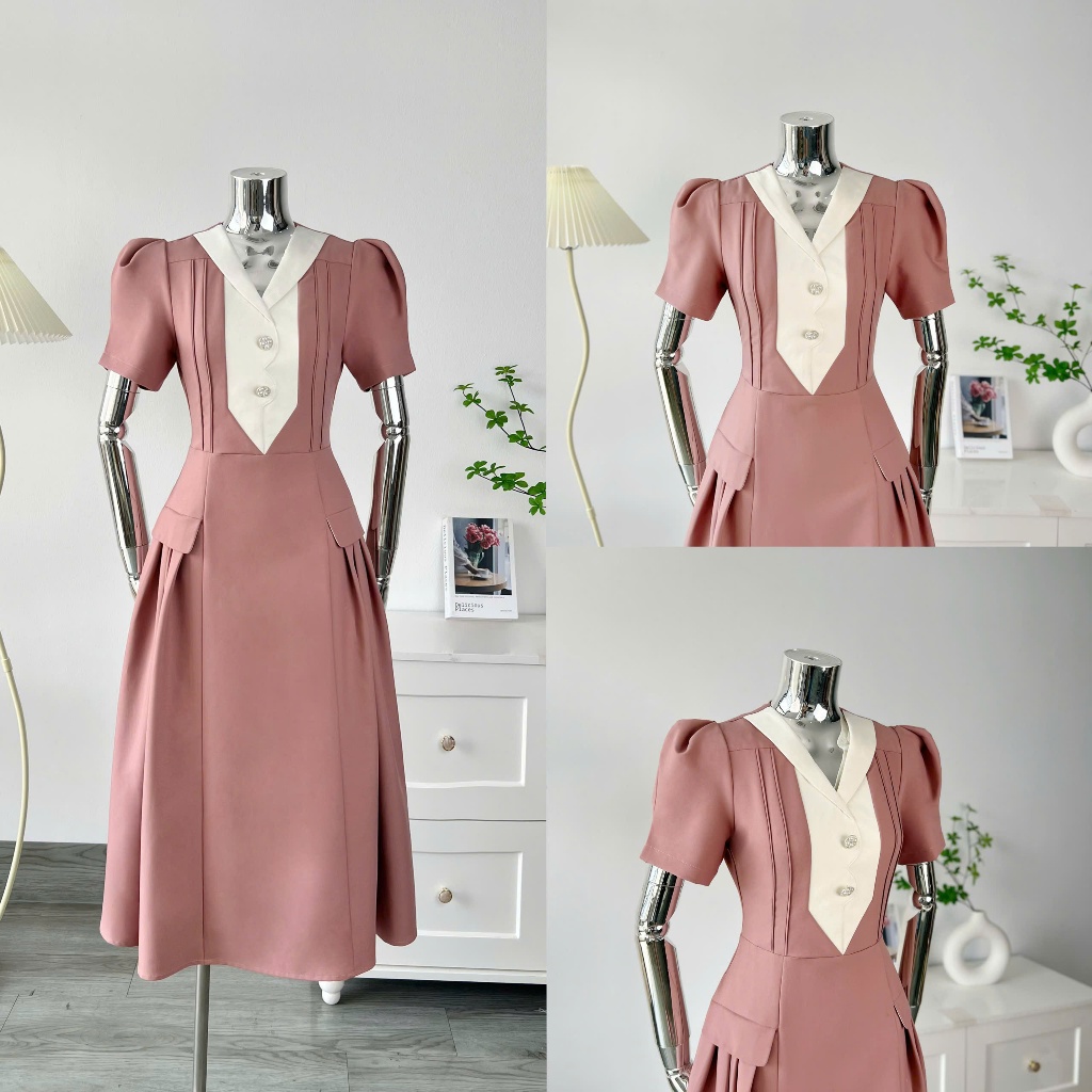 Đầm Maxi thiết kế cổ vest dáng xòe xếp ly, váy Maxi tay ngắn chất Hàn cao cấp ELLA Design - B60