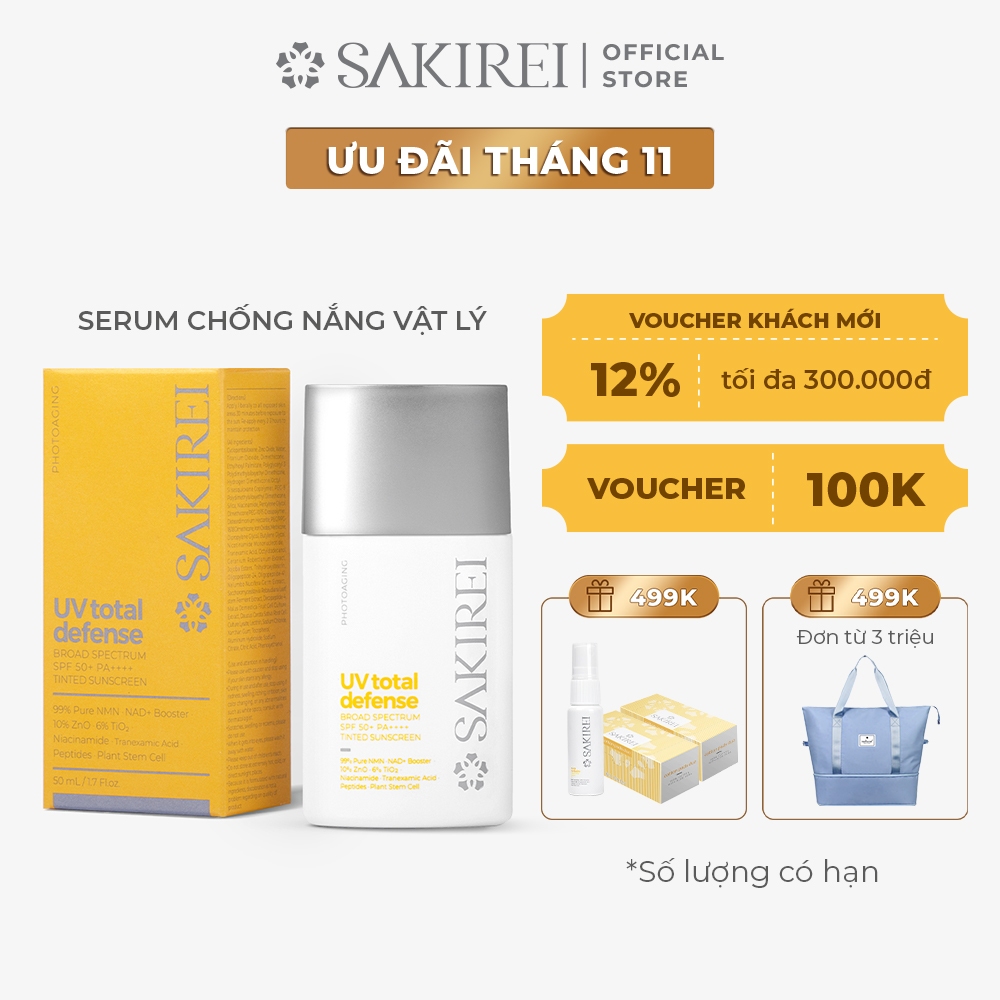 Chống nắng vật lý phục hồi tổn thương da Sakirei UV Total Defense Broad Spectrum SPF 50+ PA++++ Tinted Sunscreen
