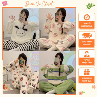 [CÓ SẴN] Bộ ngủ nữ chất bông lông nhung mùa đông, set pijama chất dày dặn cute