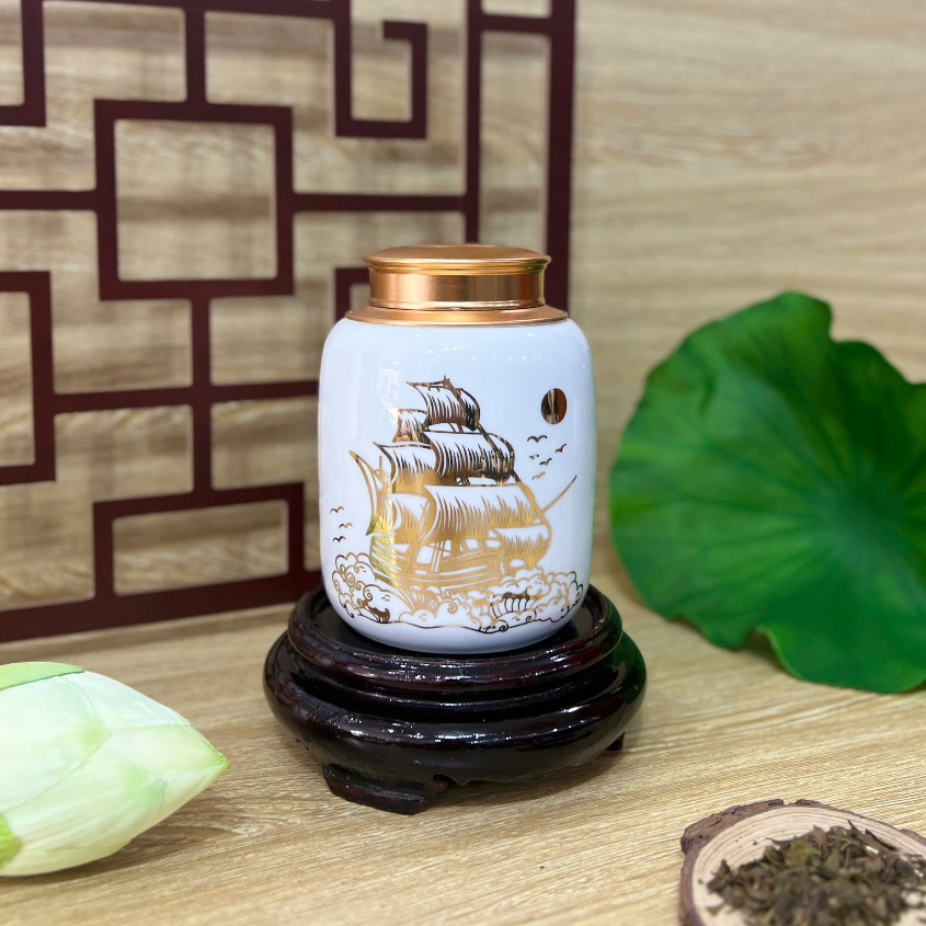 Bình trà bát tràng họa tiết vàng kim, hũ đựng trà gốm sứ bát tràng cao cấp đựng được 2 lạng trà