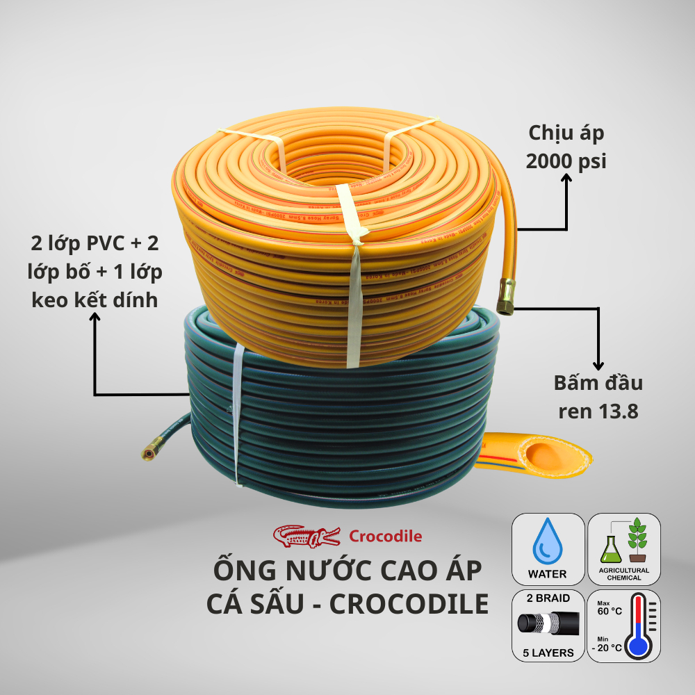 Ống xịt thuốc sâu, ống tưới tiêu, dây rửa xe áp lực cao hiệu Cá Sấu - Crocodile 50-100 mét