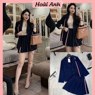 Set Bộ Đồ Nữ Áo Khoác Vest Blazer Xanh Than Phối Sọc Dây Mix Chân Váy Xếp Ly Freesize