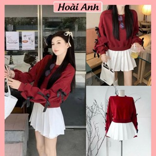  Set Bộ Đồ Nữ Áo Nỉ Mì Màu Đỏ Dáng Lỡ Đính Nơ Đen Nổi Mix Chân Váy Trắng Xếp Ly Freesize 