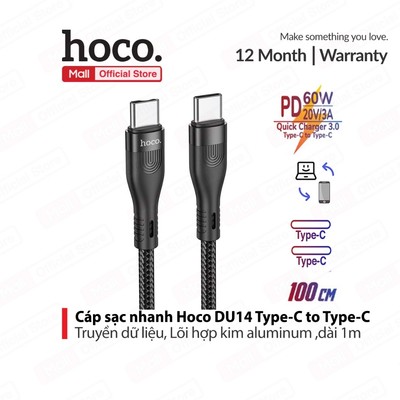 Cáp sạc nhanh PD60W Typec to Typec Hoco DU14 truyền dữ liệu cho Samsung/15/15pro/16/16promax Lõi hợp kim aluminum,dài 1