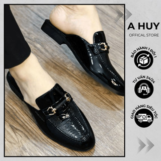 Giày Sục Da Nam Da Bóng Hở Gót L209- Giày Dập Vân Da Đà Điểu Thoáng Mát Êm Chân Đế Chắc Chắn Cao 3cm