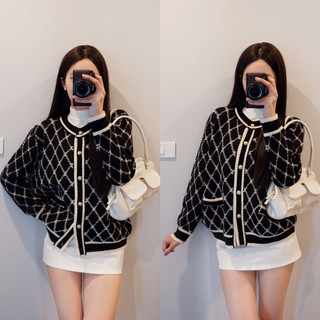 Áo cardigan len dệt kim kẻ caro