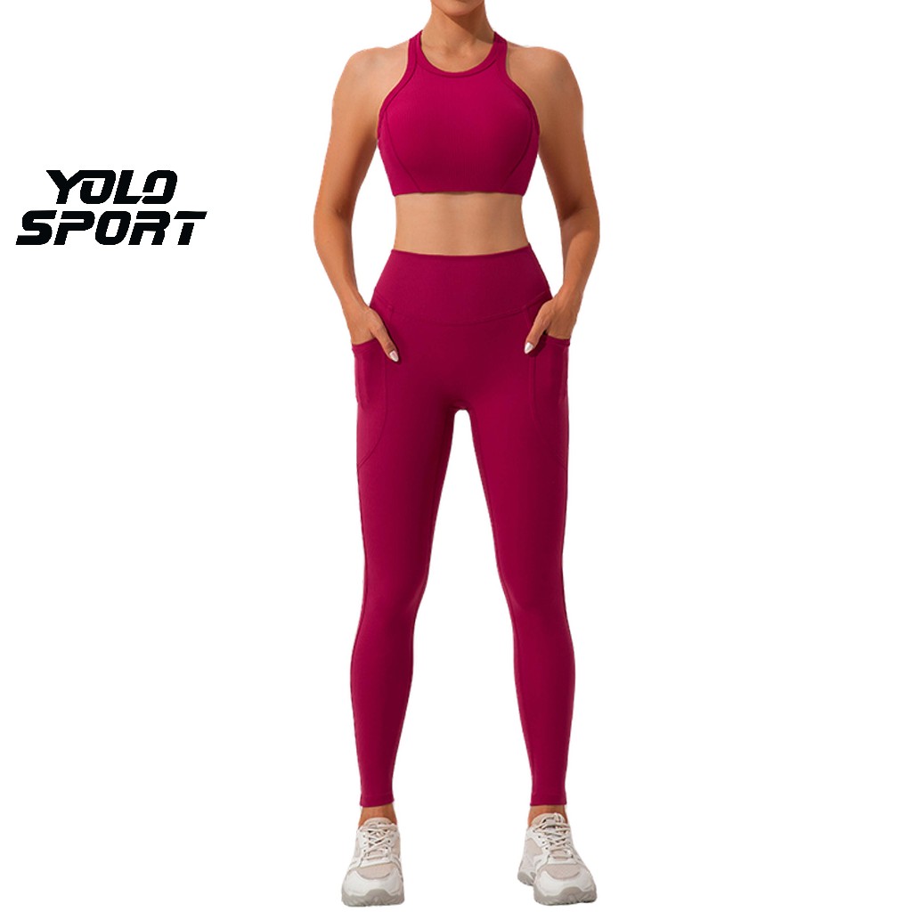 Set Đồ Tập Thể Thao Nữ Gym Yoga Pilates Chất Thun Tăm Gân BX673 Dáng Quần Dài Áo Bra Cạp Cao Co Giãn