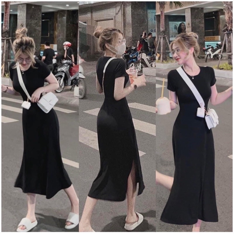 Đầm Body thun dáng dài xẻ tà màu đen cá tính năng động