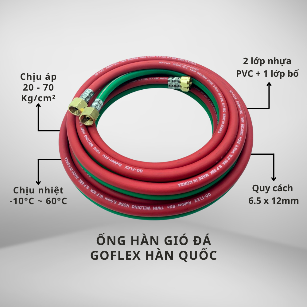 Ống Hàn Gió Đá Goflex Hàn Quốc Có Bấm Đầu – Ống Dẫn Khí Oxy Gas, Cao Su Bền, Chịu Áp Lực Cao