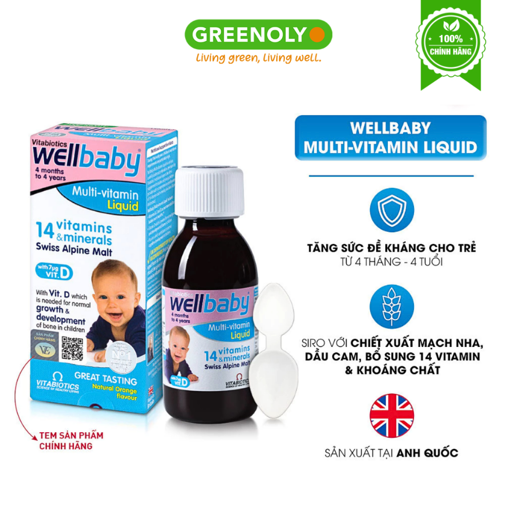 Siro Bổ Sung Vitamin Cho Trẻ Vitabiotics Wellbaby Từ 4 Tháng Tuổi Multi-Vitamin Liquid Chai 150ml