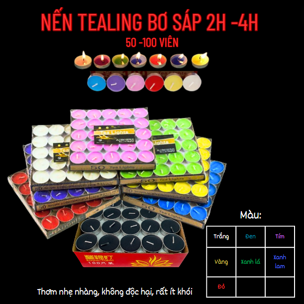 Nến viên,Nến Tealing 2h,4h [50-100 viên]không khói,thơm nhiều màu [vàng,đỏ,trắng,xanh lam,xanh lá,tím,đen]