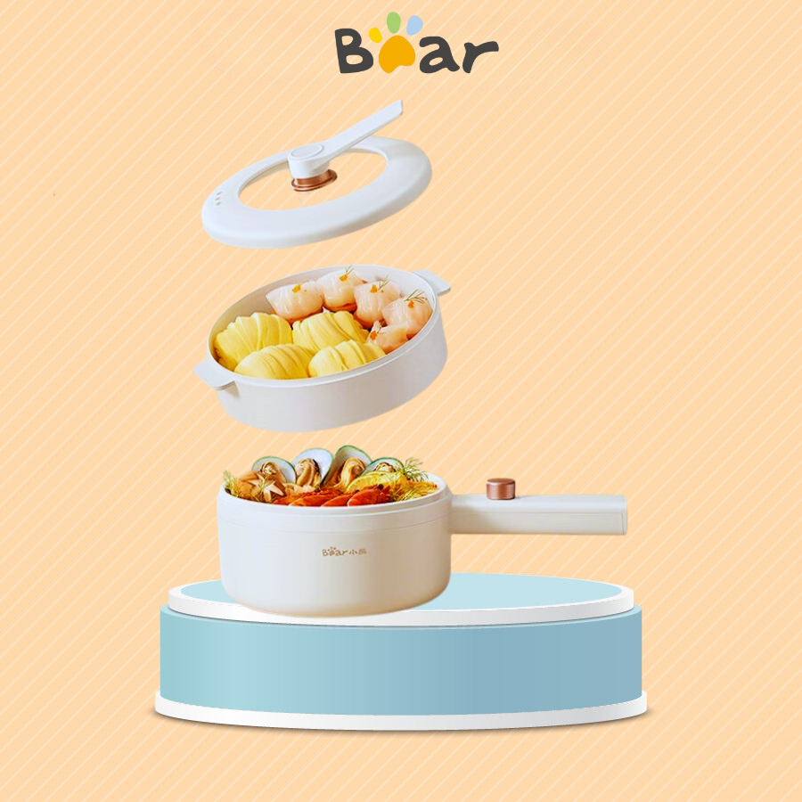 Nồi lẩu điện 1.6L Bear DRG-P16M2, 700W, Đa Năng Xào/ Hầm, Chống dính, Kèm Lồng Hấp, BH 18 Tháng