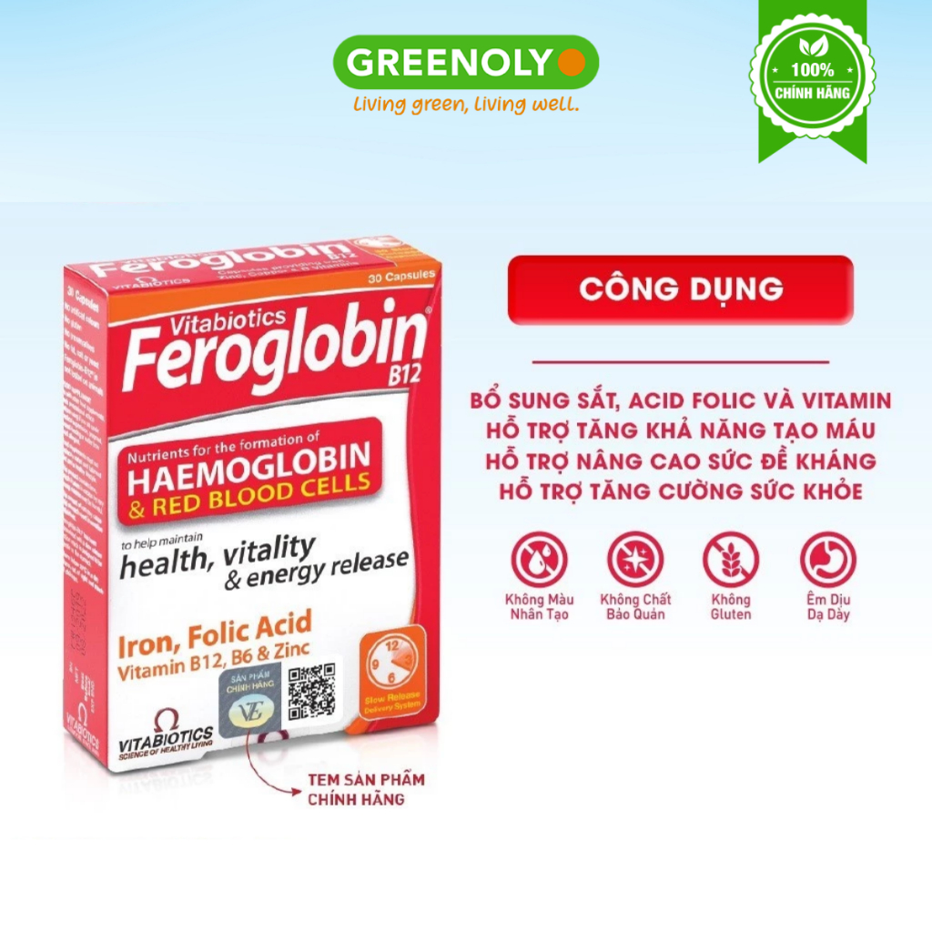 Viên Uống Bổ Máu Vitabiotics FEROGLOBIN B12 Bổ Sung Sắt Giảm Hoa Mắt Chóng Mặt Hộp 30 Viên