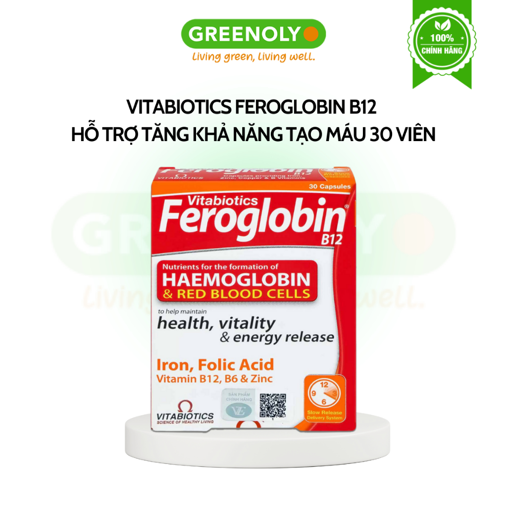 Viên Uống Bổ Máu Vitabiotics FEROGLOBIN B12 Bổ Sung Sắt Giảm Hoa Mắt Chóng Mặt Hộp 30 Viên