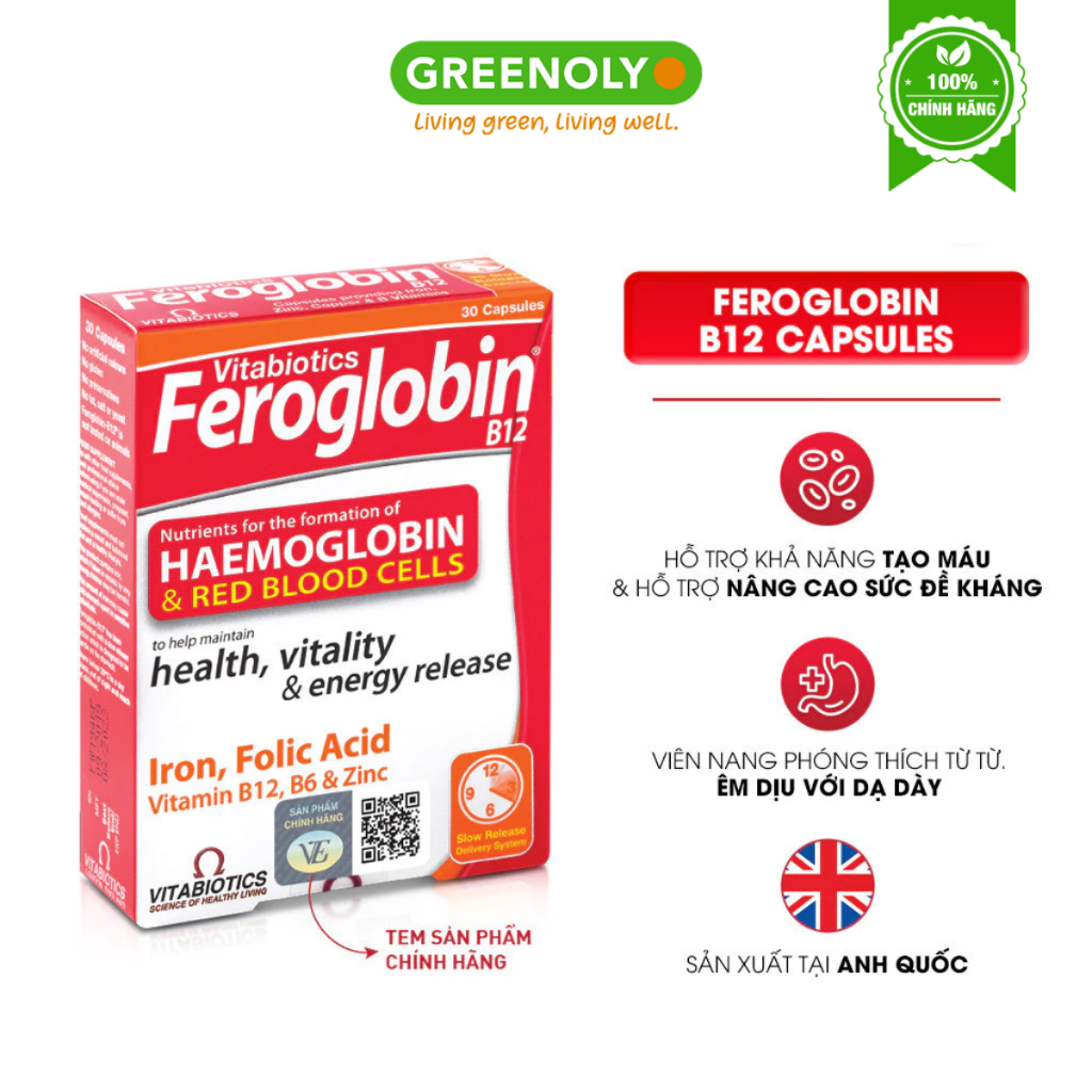 Viên Uống Bổ Máu Vitabiotics FEROGLOBIN B12 Bổ Sung Sắt Giảm Hoa Mắt Chóng Mặt Hộp 30 Viên