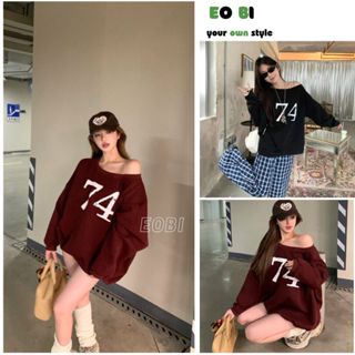  Áo Sweater Trễ Vai Nữ Áo Nỉ Lệch Vai Nhiều Màu In Số Form Rộng Phong Cách Đường Phố 