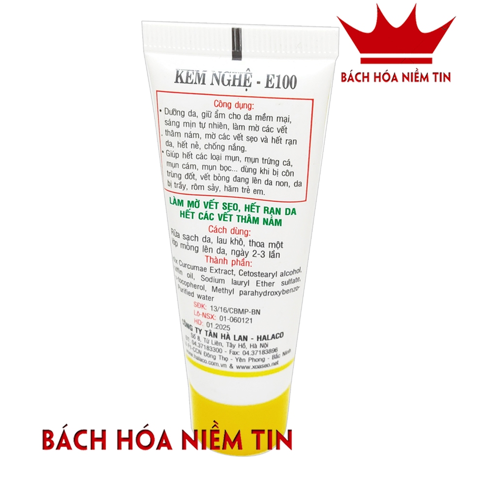 Kem nghệ giảm mụn mờ sẹo thâm E100 - tinh chất nghê, vitamin E, làm đẹp da, giảm thâm nám, giúp da mềm mịn - Tuýp 20g