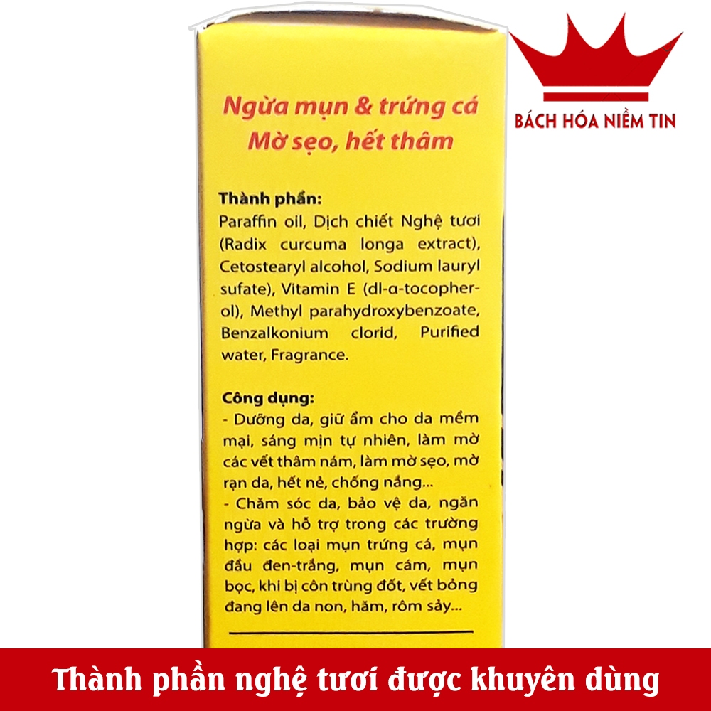 Kem nghệ giảm mụn mờ sẹo thâm E100 - tinh chất nghê, vitamin E, làm đẹp da, giảm thâm nám, giúp da mềm mịn - Tuýp 20g