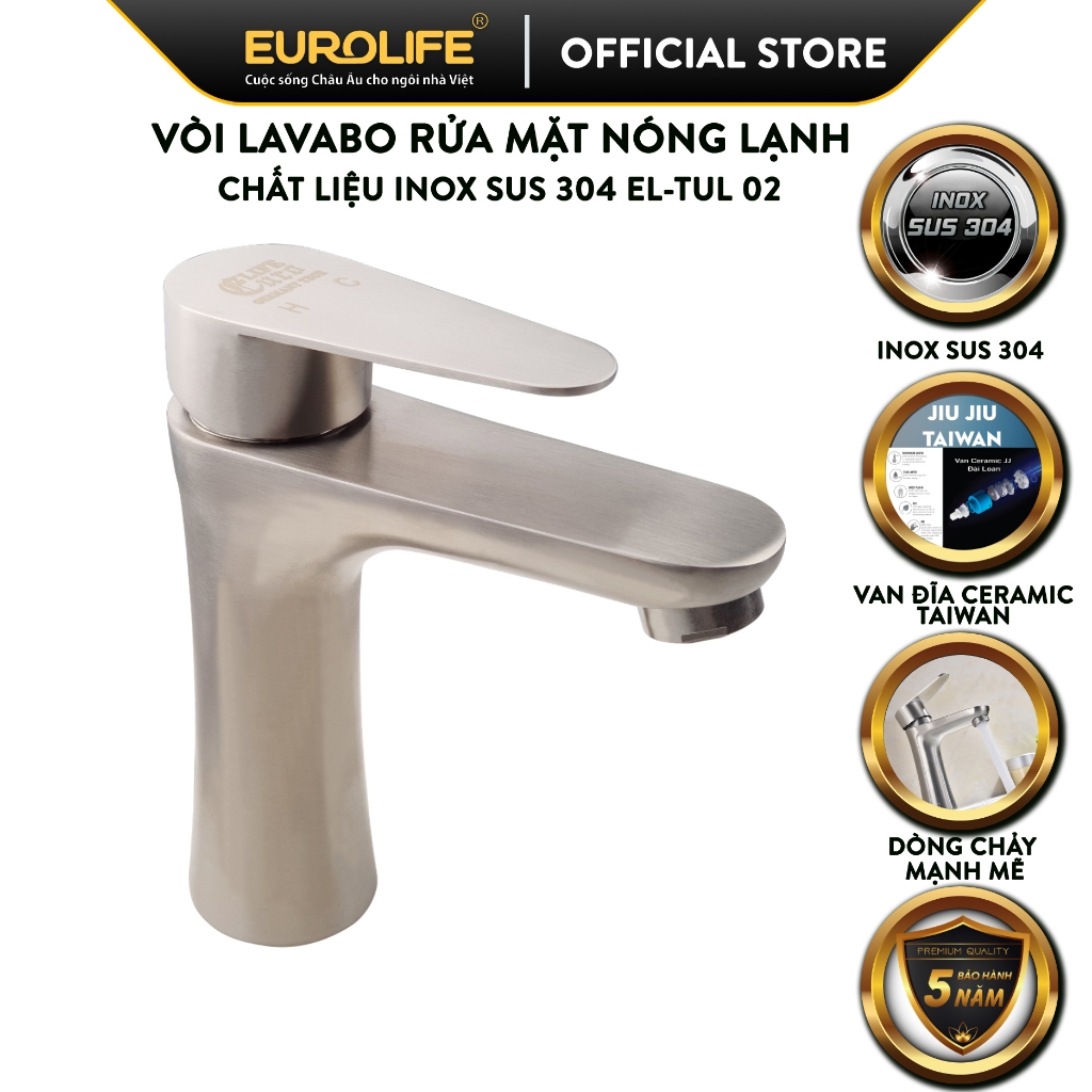 Vòi lavabo nóng lạnh Inox SUS 304 Eurolife EL-TUL 02 (Trắng vàng)