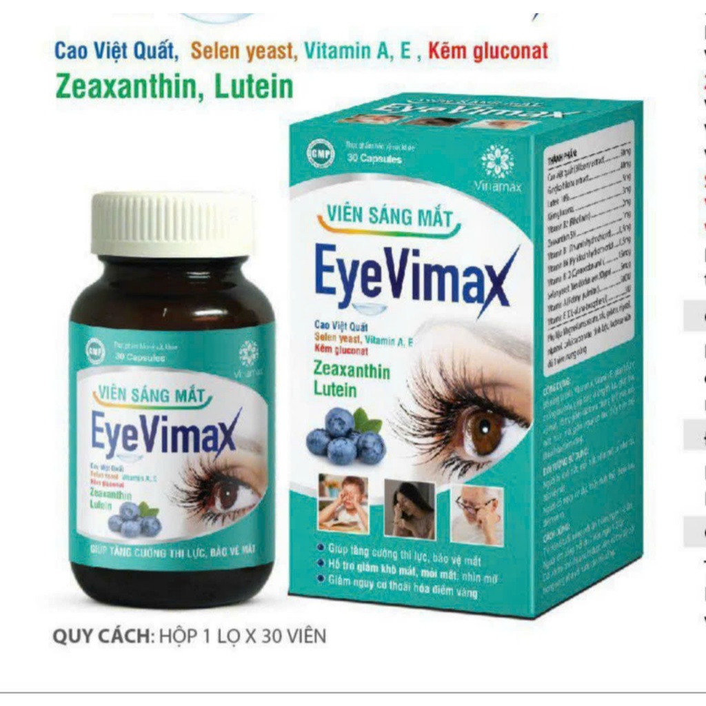 viên sáng mắt Eye Vimax,giúp tăng cường thị lực,giảm khô mắt,mỏi mắt,nhìn mờ,thoái hóa điểm vàng 30v