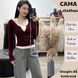 Áo thun nữ Cama Clothes HCOM3383,áo nữ thun len cổ khuy dài tay tặng kèm áo ba lỗ hai màu đỏ đen