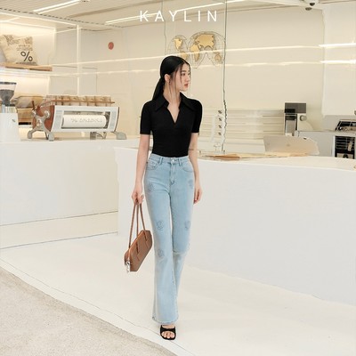 Quần JEAN KAYLIN họa tiết hoa nổi form ôm ống loe chất vải denim dầy dặn phong cách - N2334