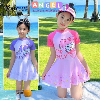  Đồ bơi bé gái một mảnh kiểu váy màu hồng pastel phối họa tiết siêu dễ thương 