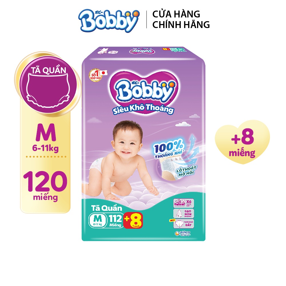 [Tặng thêm 8 miếng] Tã/bỉm quần Bobby 3mm Gạo non M112
